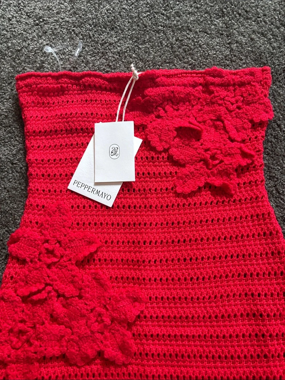 Peppermayo Bright Red Strapless Crochet Mini Dress with Floral Appliqué
